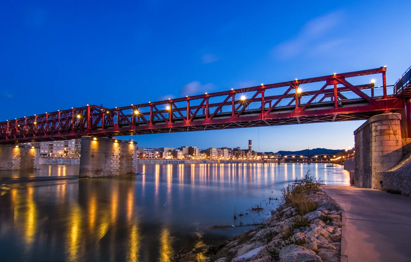 Photo wallpaper the sky, sunset, bridge, lights, river, home, the evening, lights