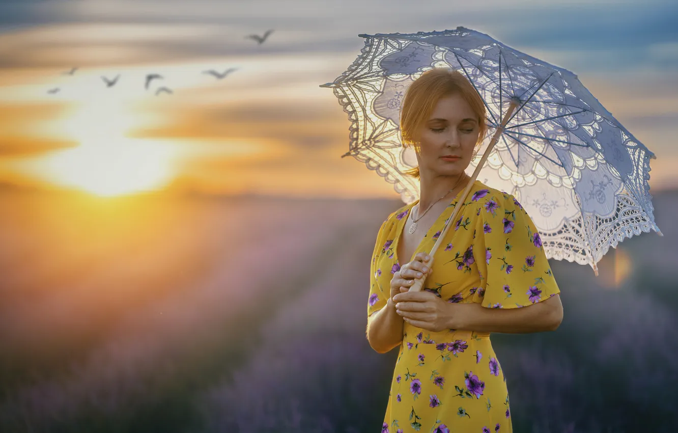Photo wallpaper the sky, sunset, bird, umbrella, blonde, lavender field, Yuri Zakharov