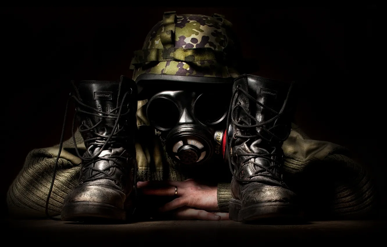 Photo wallpaper shoes, gas mask, camouflage