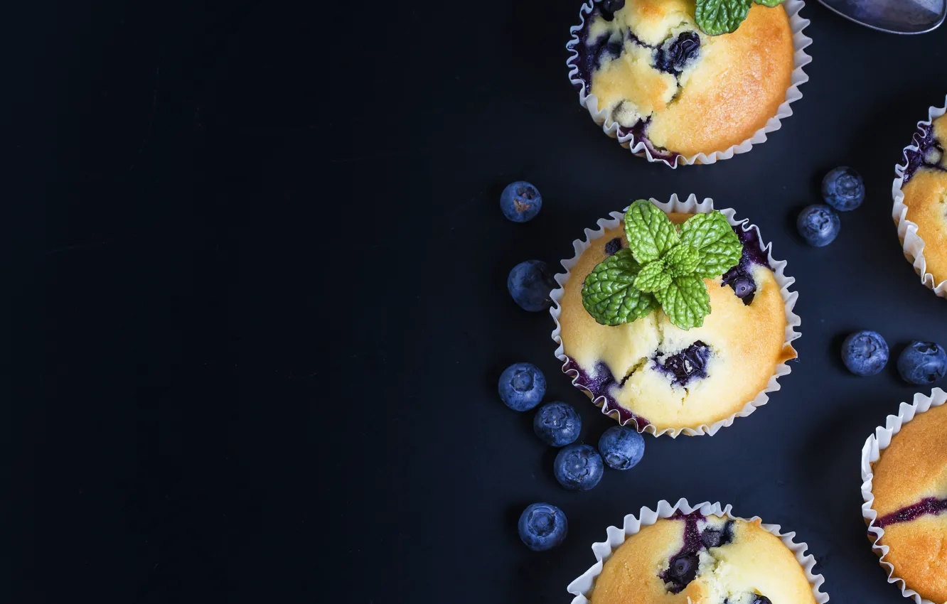 Photo wallpaper berries, blueberries, mint, cakes, sweet, cupcakes