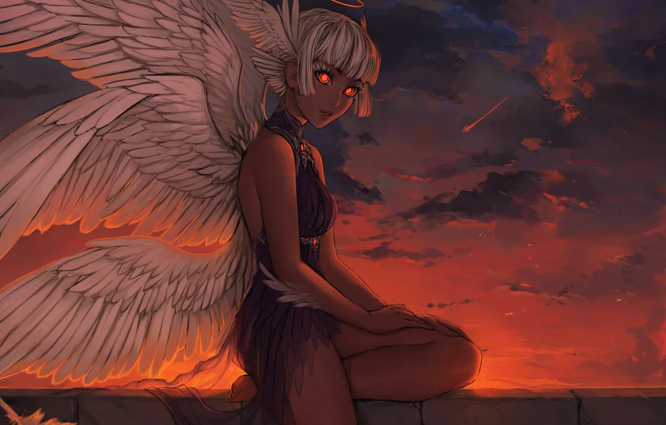 Photo wallpaper Sunset, Girl, Figure, Angel, Girl, Wings, Art, Art