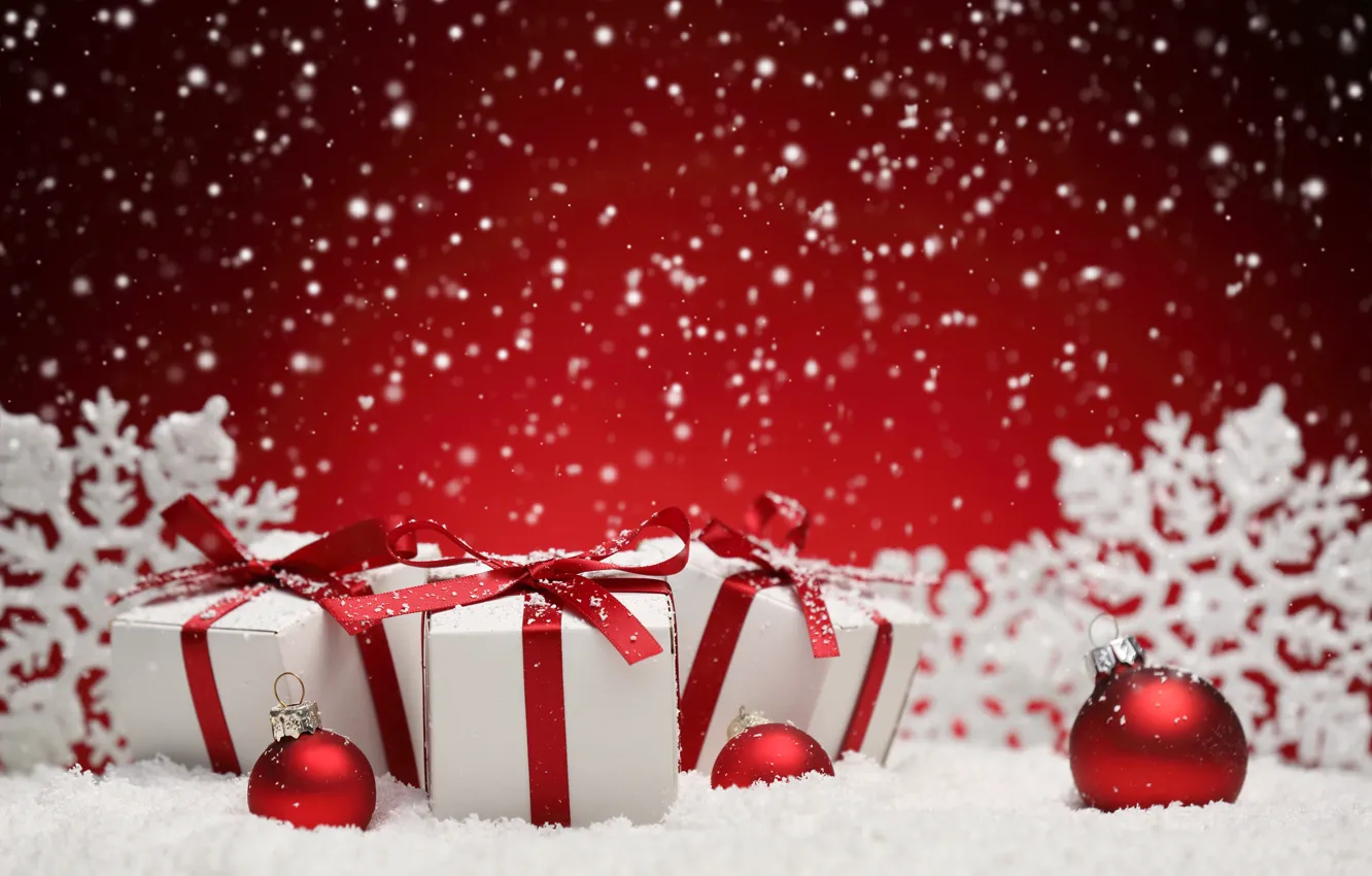Photo wallpaper balls, snow, snowflakes, balls, New Year, Christmas, gifts, balls