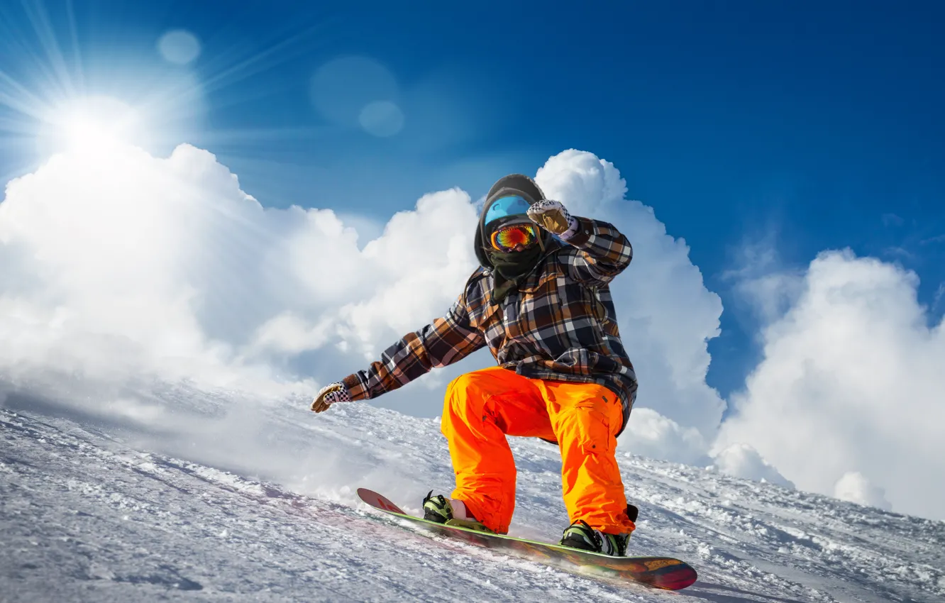 Photo wallpaper winter, the sky, the sun, clouds, rays, snow, mountains, snowboard