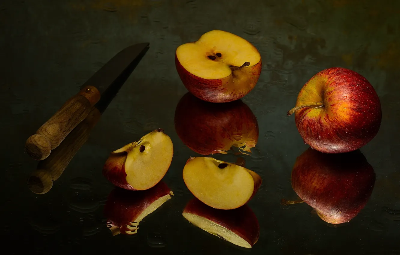Photo wallpaper glass, drops, reflection, table, apples, knife, fruit, still life