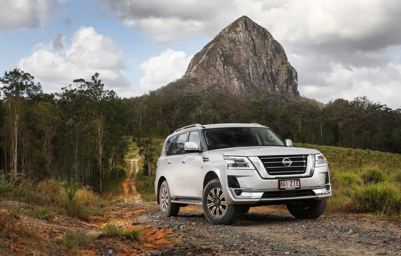Photo wallpaper Patrol, mountains, nature, trees, Nissan, auto