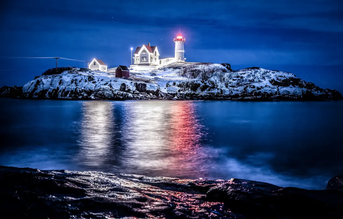 Photo wallpaper sea, night, nature, Nubble Lighthouse
