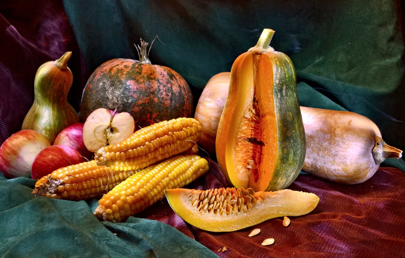 Photo wallpaper apples, corn, pumpkin, fabric, fruit, vegetables