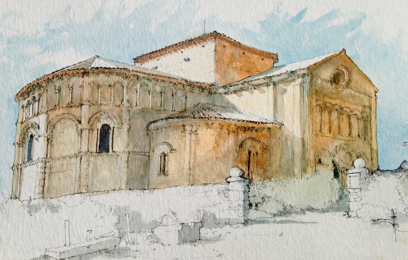 Photo wallpaper landscape, figure, France, building, watercolor, the Catholic Church, Talmont-sur-Gironde