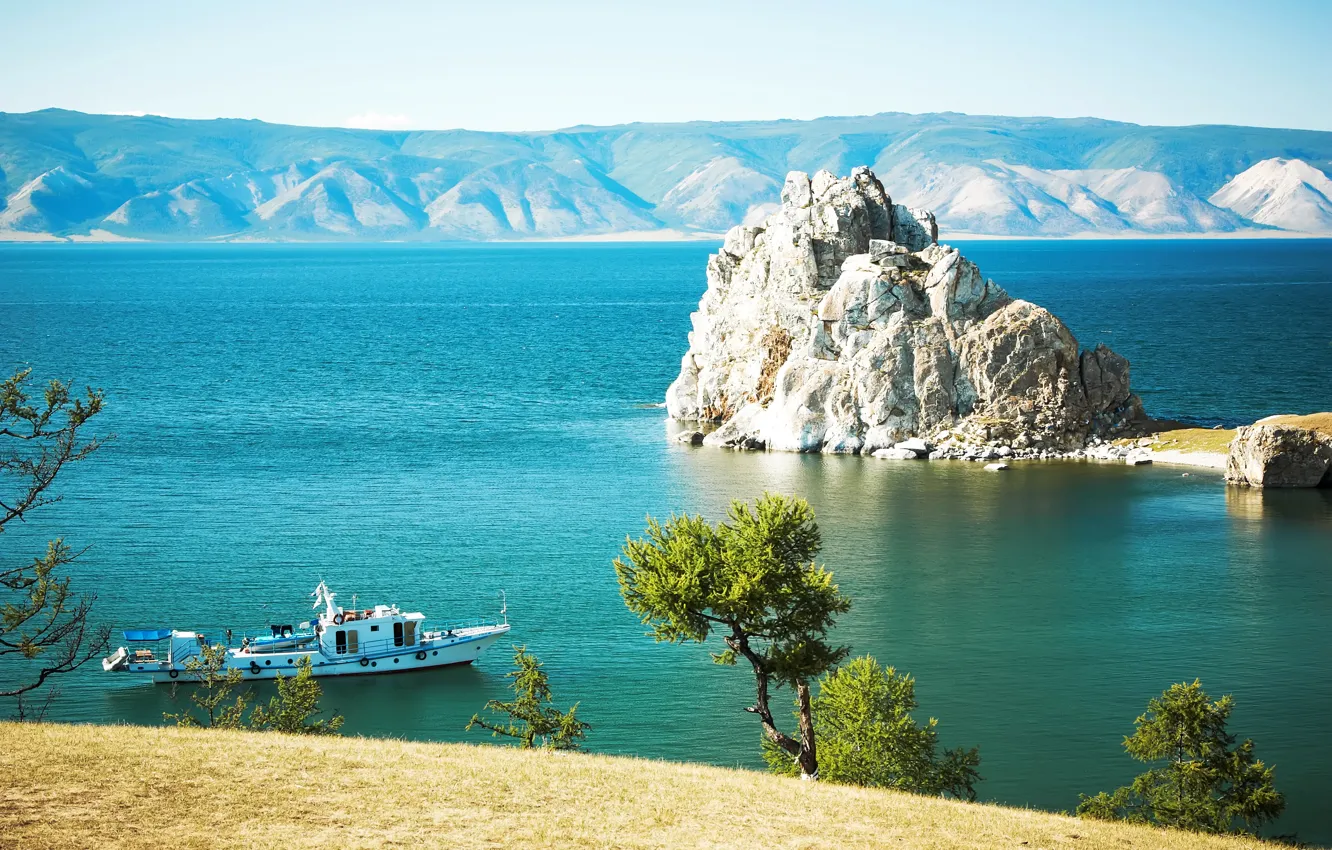 Photo wallpaper rock, lake, shore, Baikal, boat, rock, Russia, Baikal