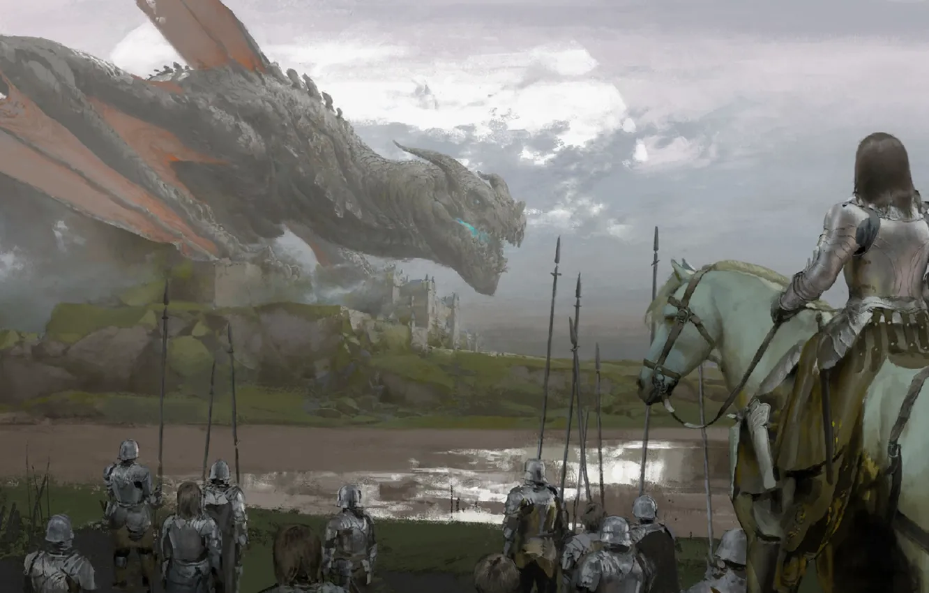 Photo wallpaper river, wings, mouth, helmet, rider, knight, peak, squad