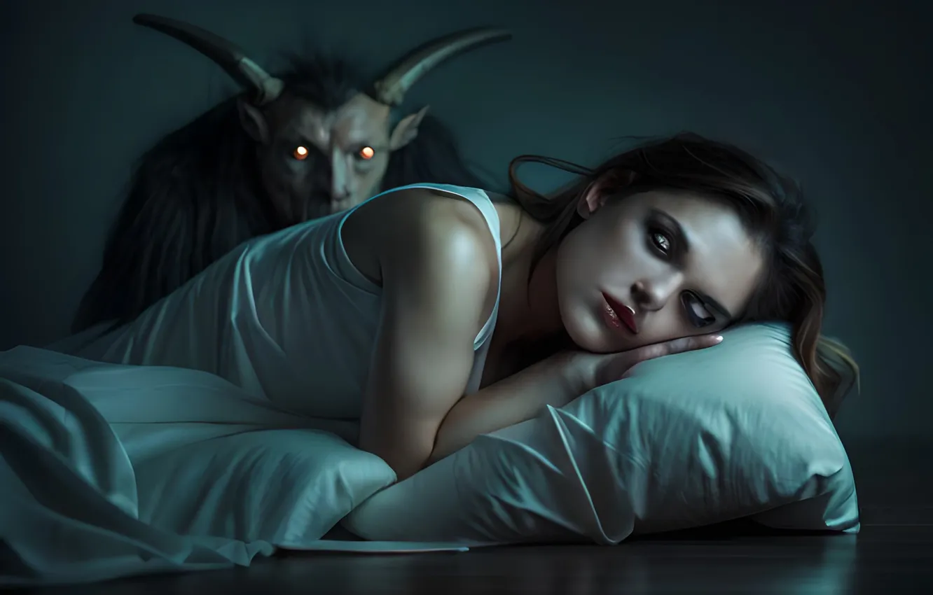 Photo wallpaper girl, pillow, the demon, art, sleeping, horns, The Scary Lullaby