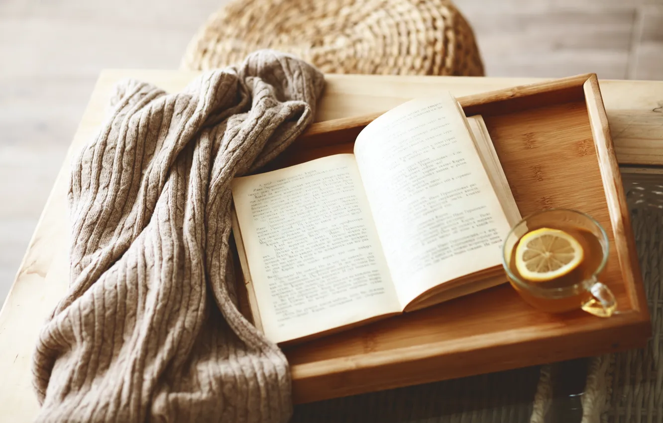 Photo wallpaper comfort, lemon, tea, Cup, book, sweater, tray
