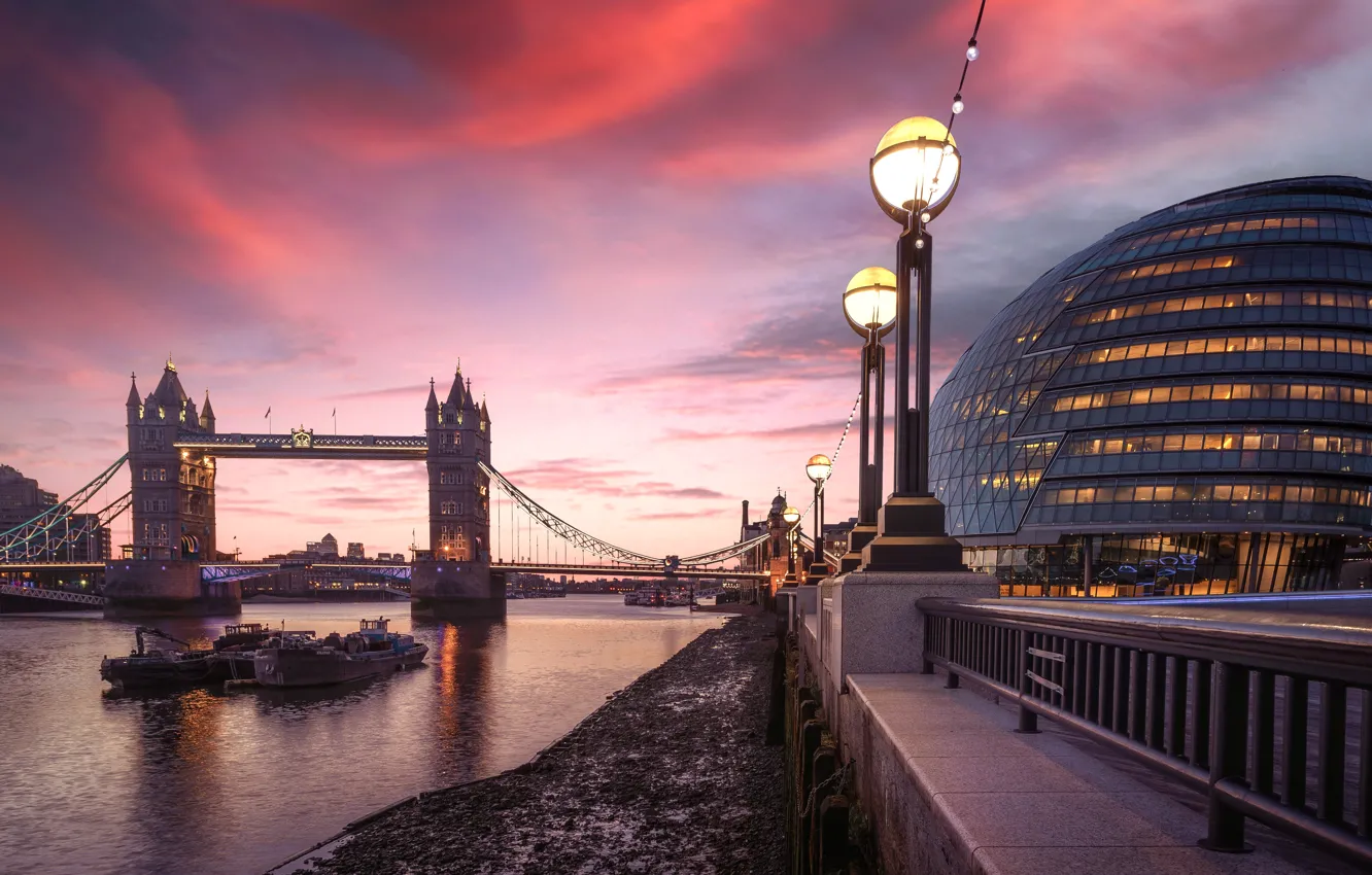 Photo wallpaper sunset, the city, river, England, London, building, lighting, lights