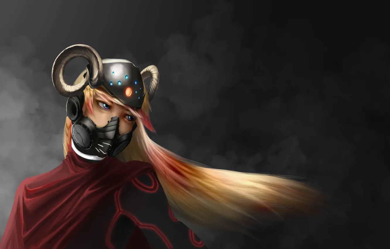 Photo wallpaper look, girl, face, mask, art, blonde, horns, helmet