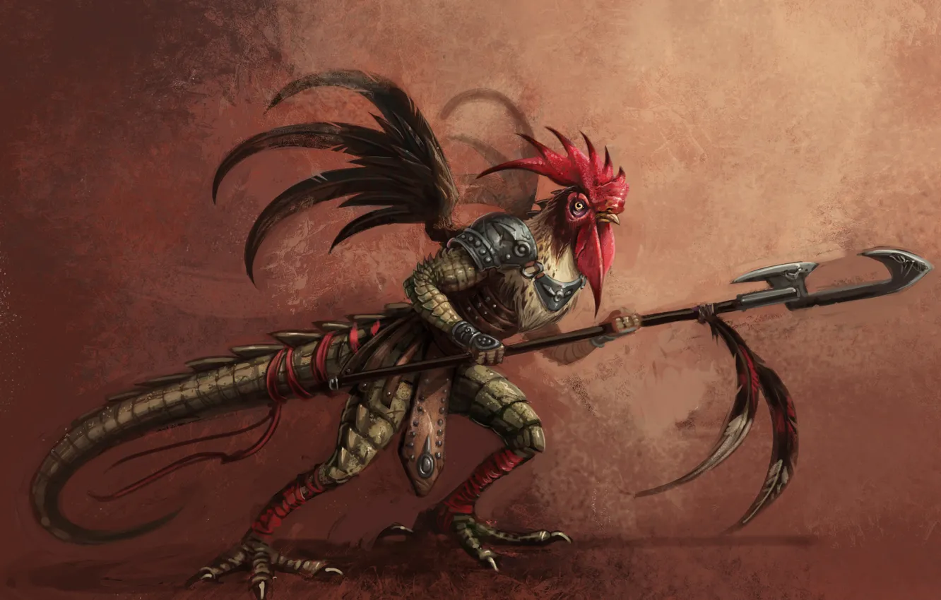Photo wallpaper feathers, warrior, lizard, spear, cock, Cocatrix