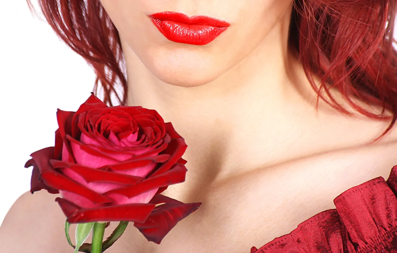 Photo wallpaper flowers, face, roses, lipstick, lips
