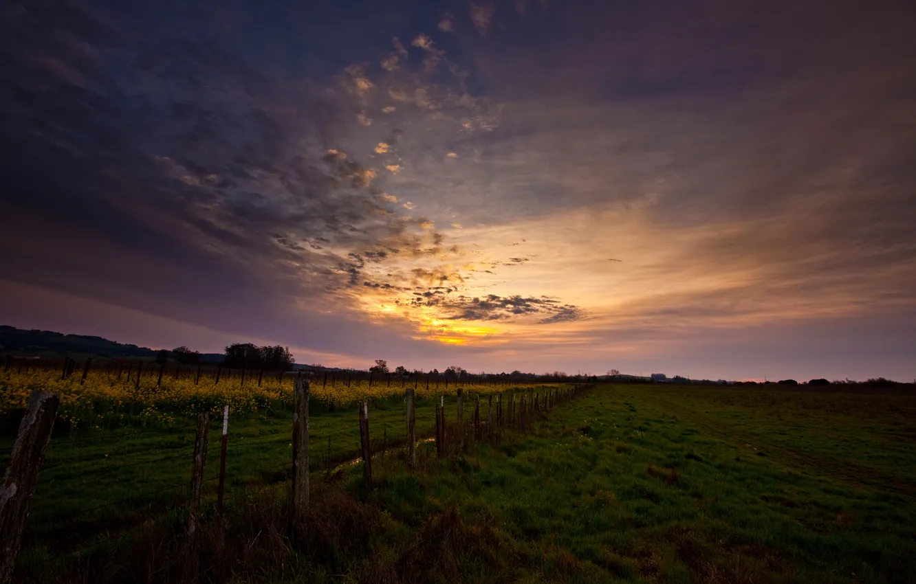 Photo wallpaper the sky, grass, sunset, the fence