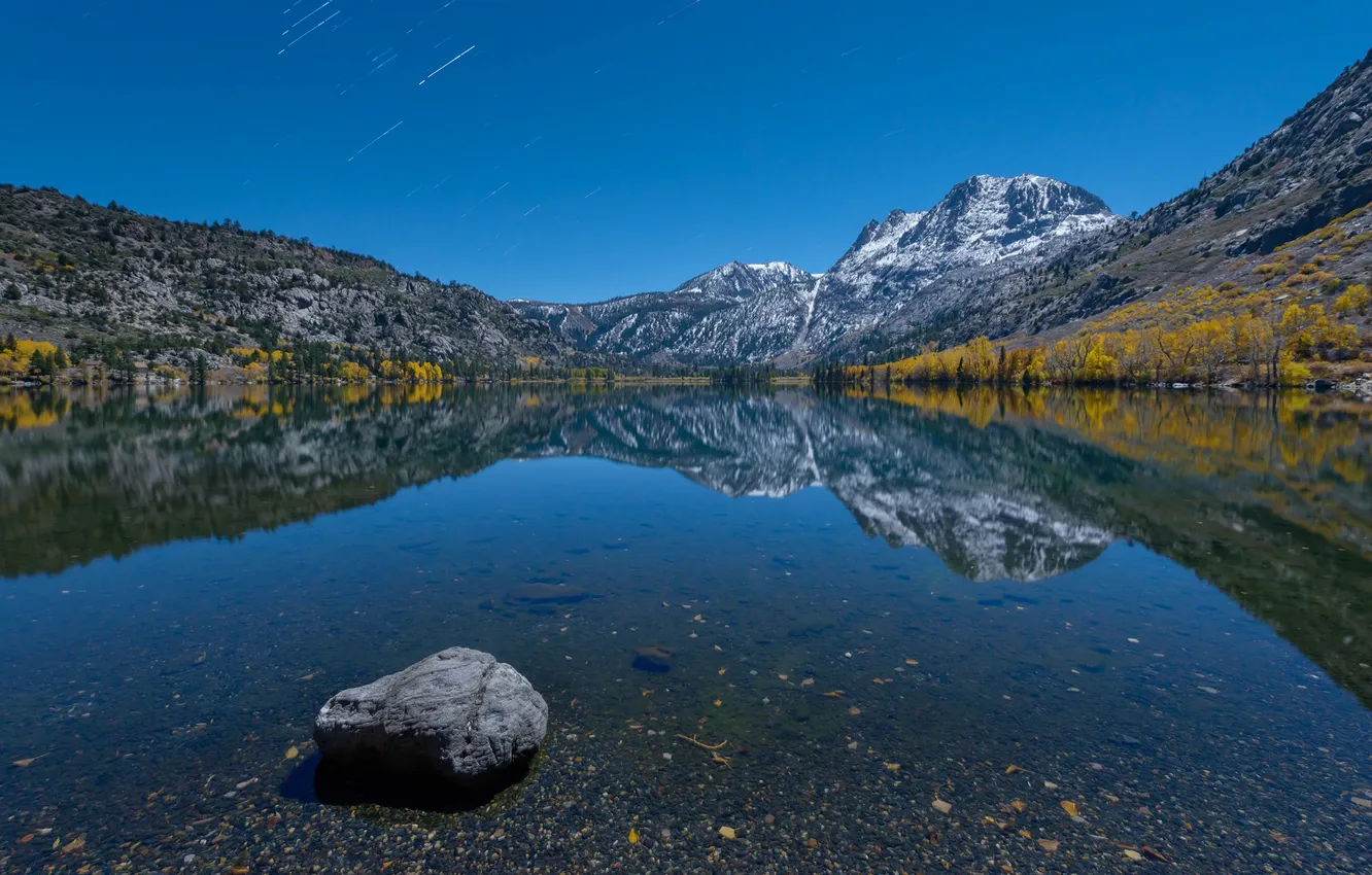 Photo wallpaper the sky, stars, mountains, lake, stones