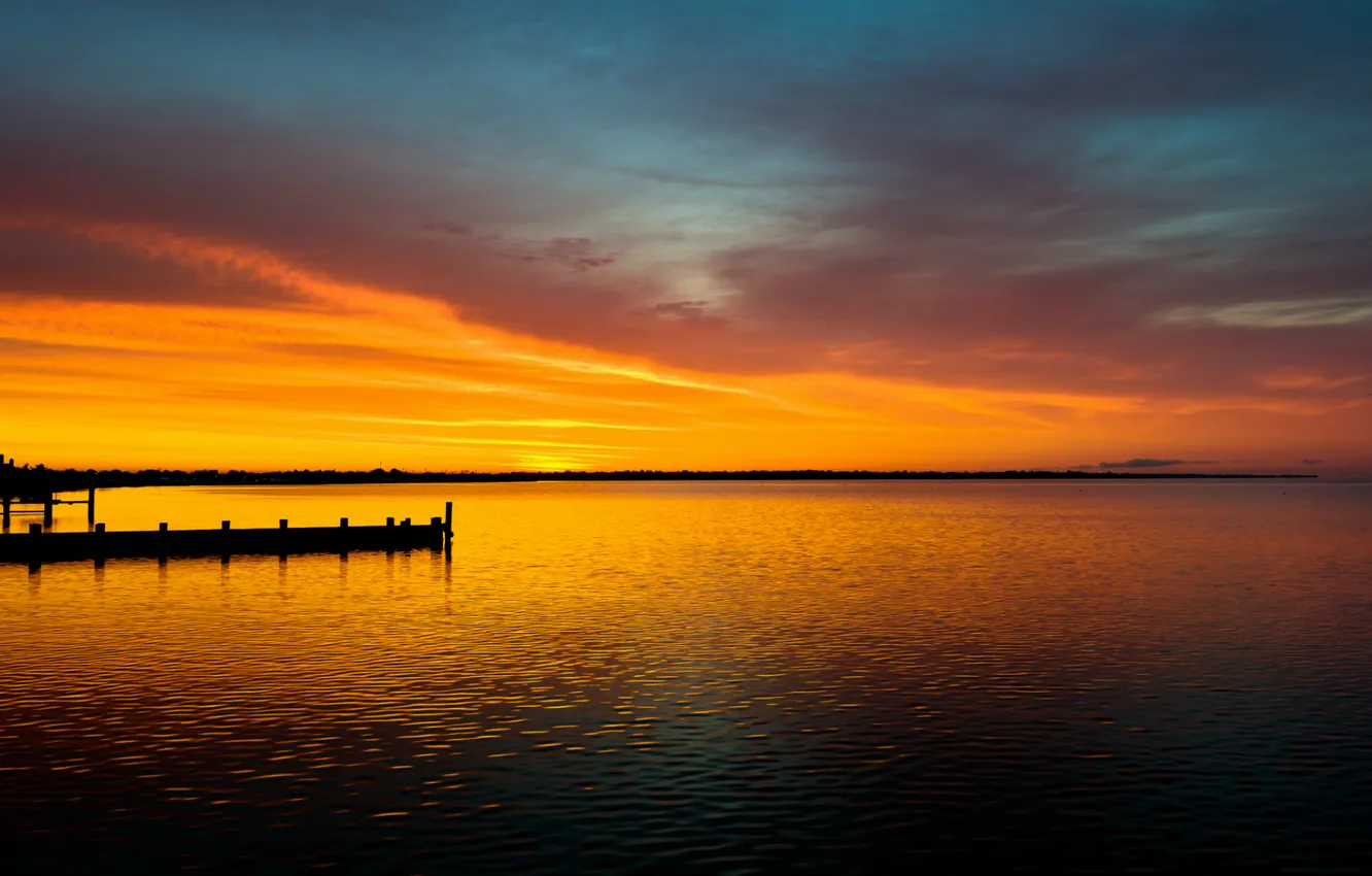 Photo wallpaper dawn, morning, Lake, the bridge