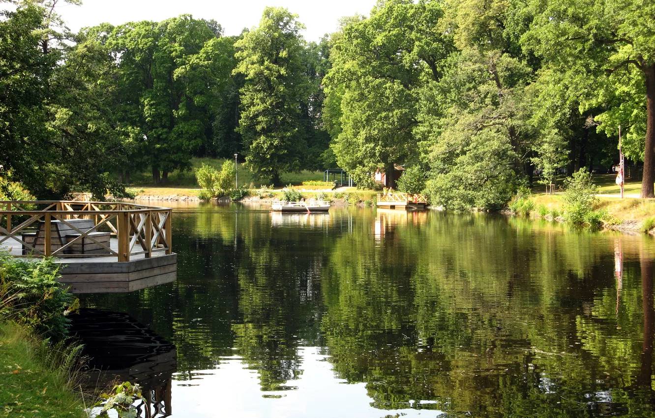 Photo wallpaper water, trees, pond, Park, reflection, boat, Sweden, gazebos