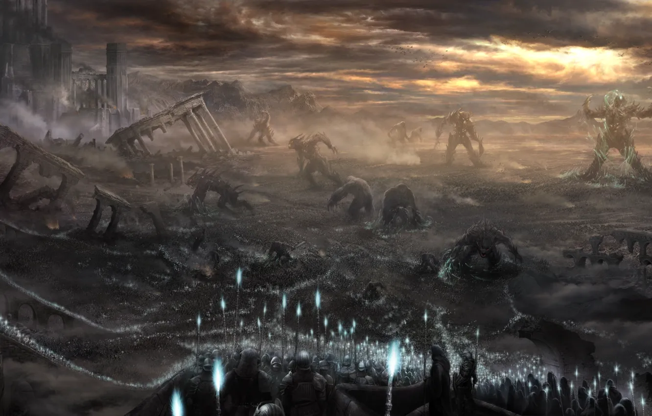 Photo wallpaper art, Demon's Souls, battle, intro, demon's