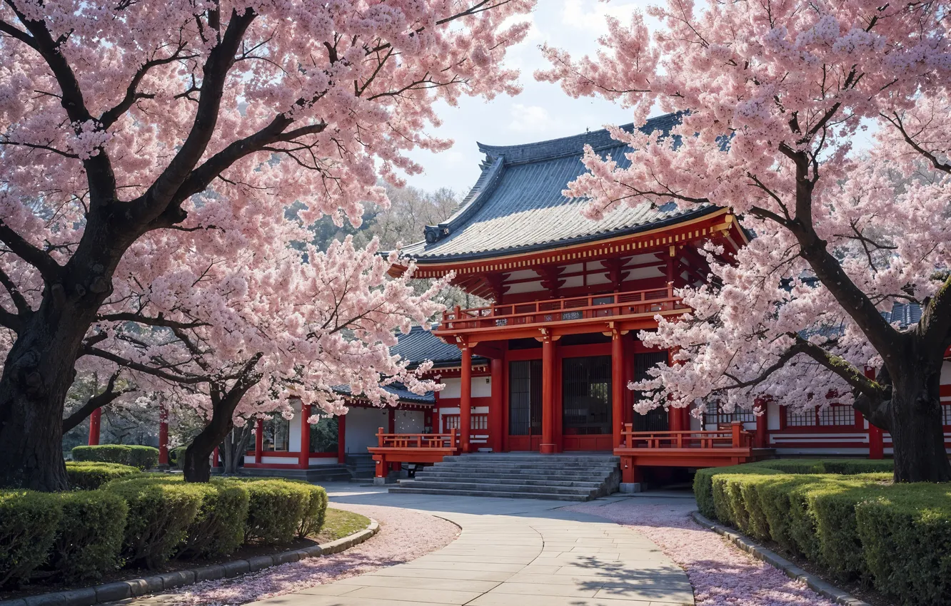 Photo wallpaper trees, Park, spring, Japan, Sakura, temple, flowering, trees