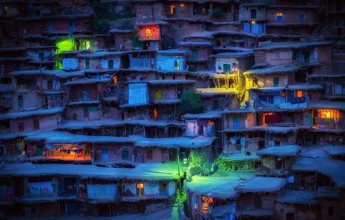 Photo wallpaper night, lights, the evening, village, house, Iran, slums, Sar Aqa Seyyed