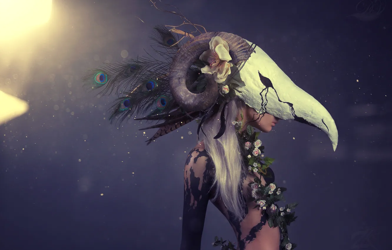 Photo wallpaper girl, flowers, skull, feathers, mask, horns, peacock