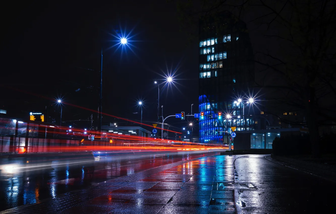 Photo wallpaper road, night, city, the city, building, road, night, buildings