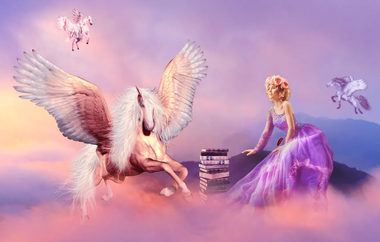 Photo wallpaper white, the sky, girl, clouds, flight, flowers, pose, fog