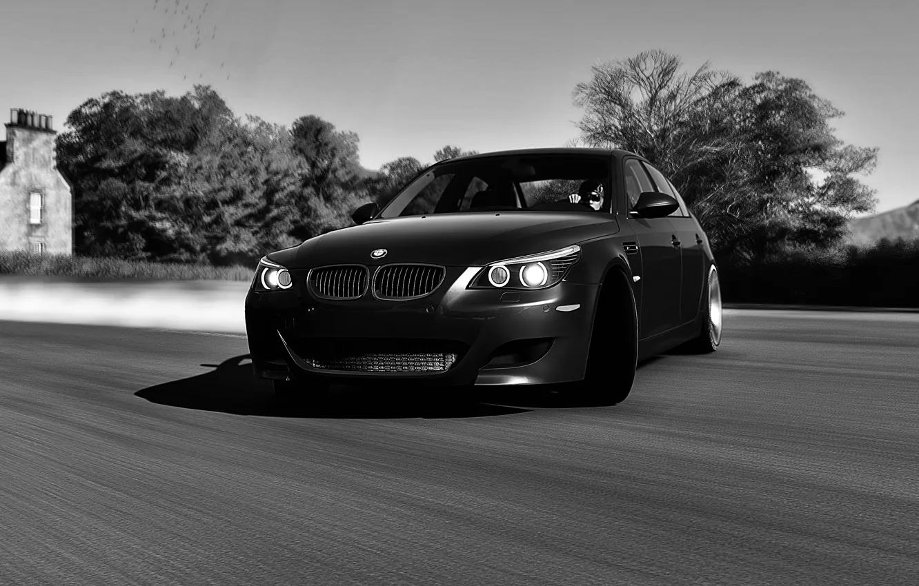 Photo wallpaper HDR, BMW, drift, game, trees, smoke, E60, 5