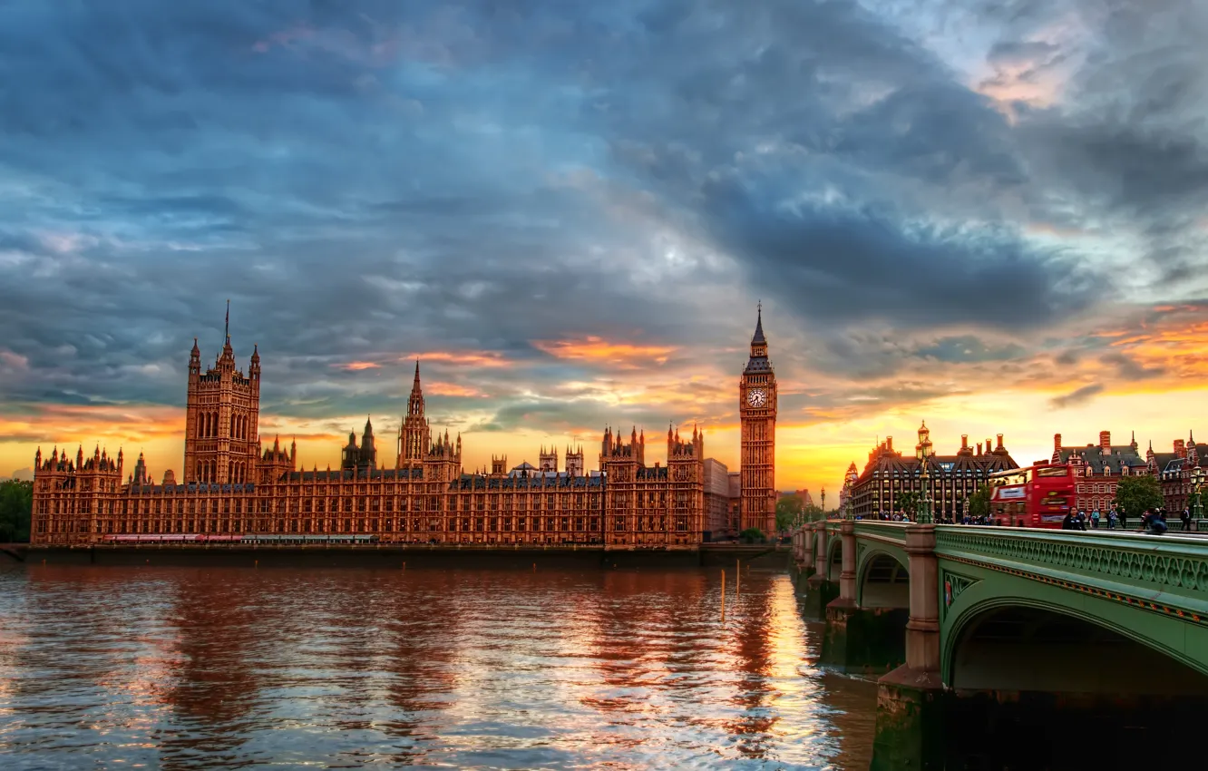 Photo wallpaper the city, river, London, Thames, clock tower, The Palace of Westminster