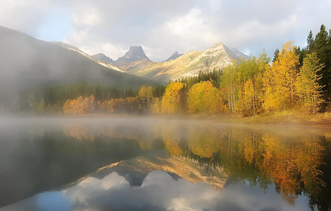 Photo wallpaper autumn, forest, trees, mountains, nature, lake, morning, haze