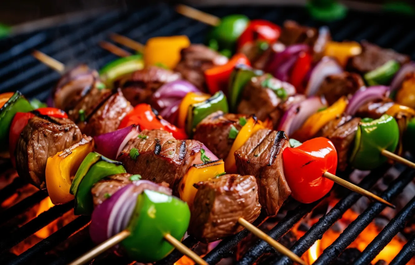 Photo wallpaper lights, smoke, grille, bow, meat, pepper, vegetables, tomatoes
