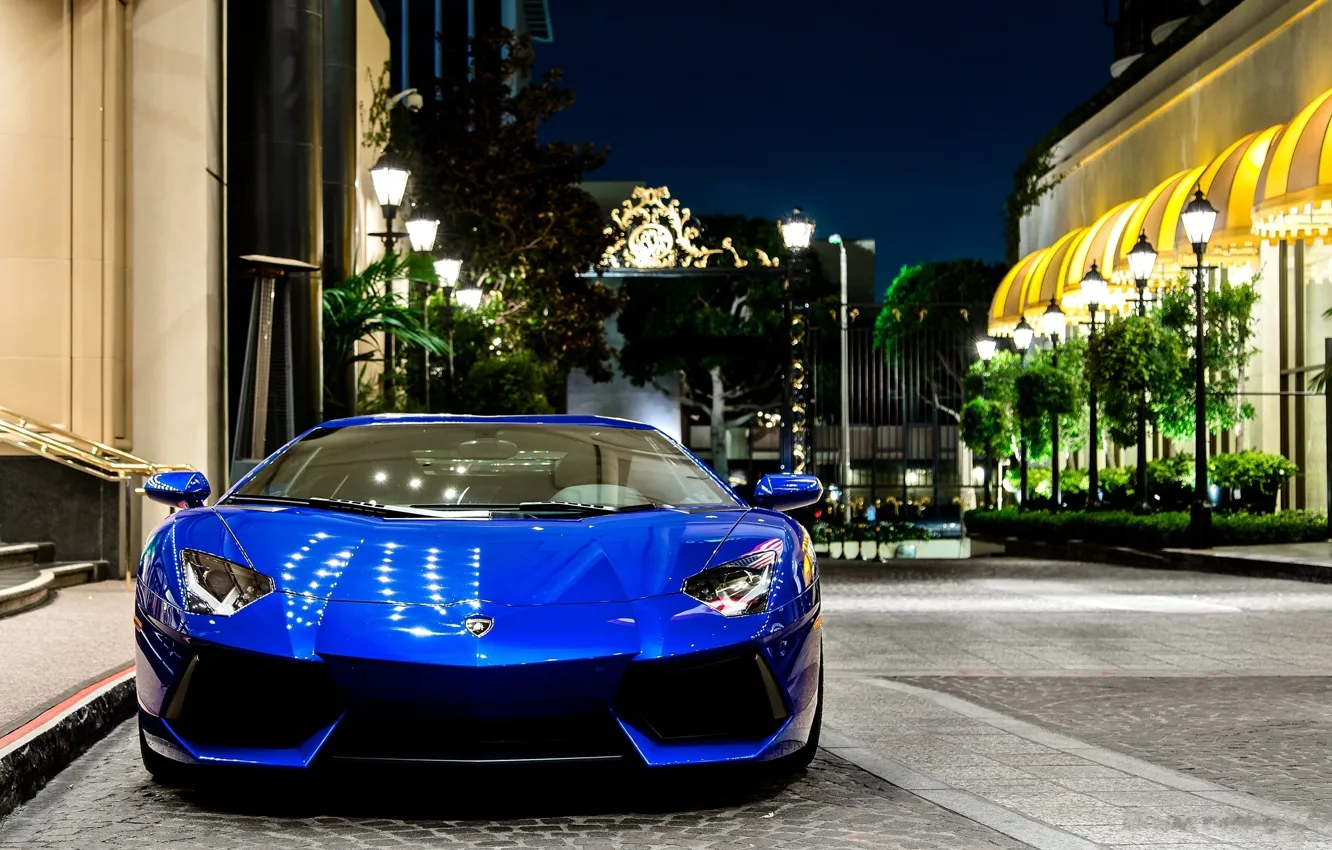 Photo wallpaper blue, reflection, street, the evening, lights, lamborghini, blue, the front