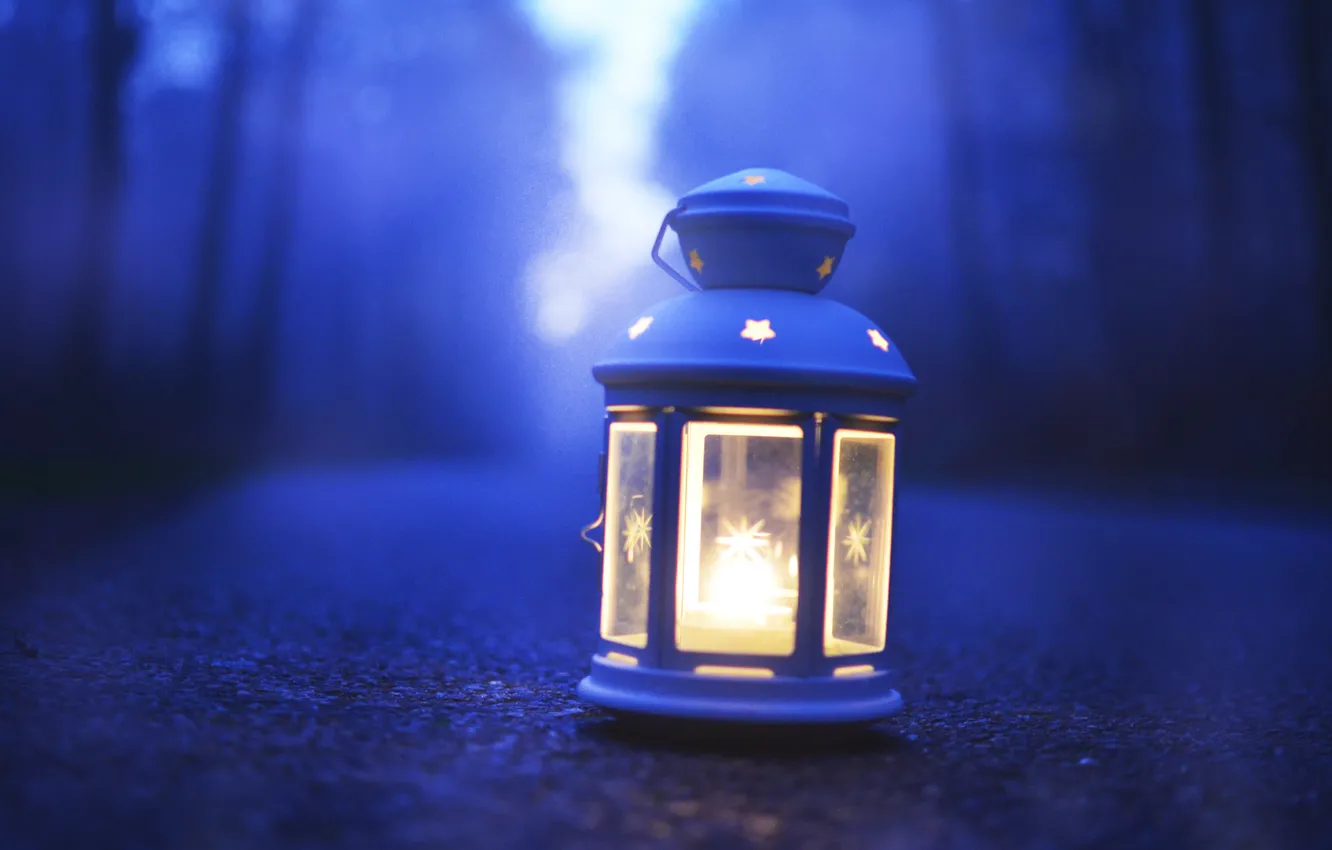Photo wallpaper road, forest, lamp, bokeh