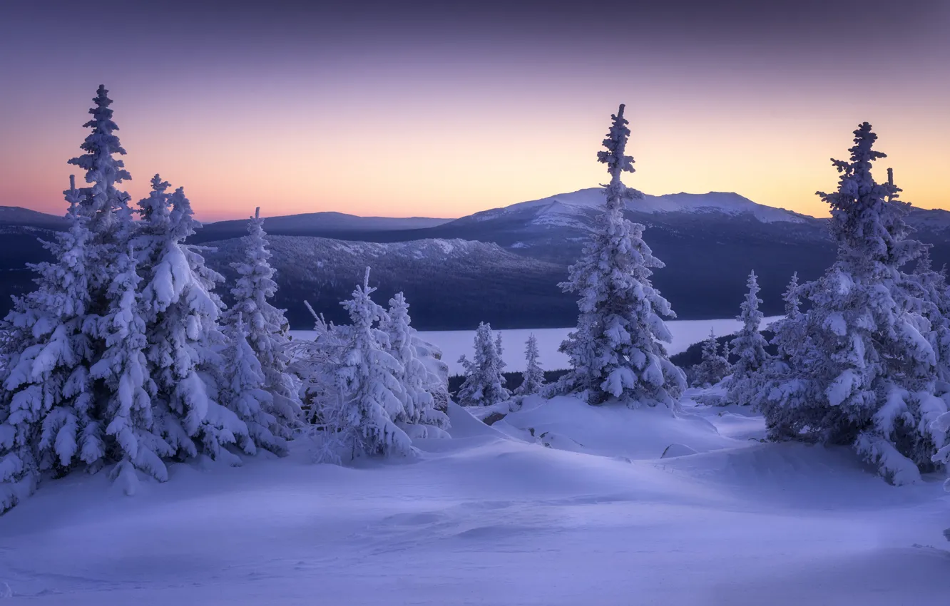 Photo wallpaper winter, frost, forest, the sky, snow, mountains, river, hills