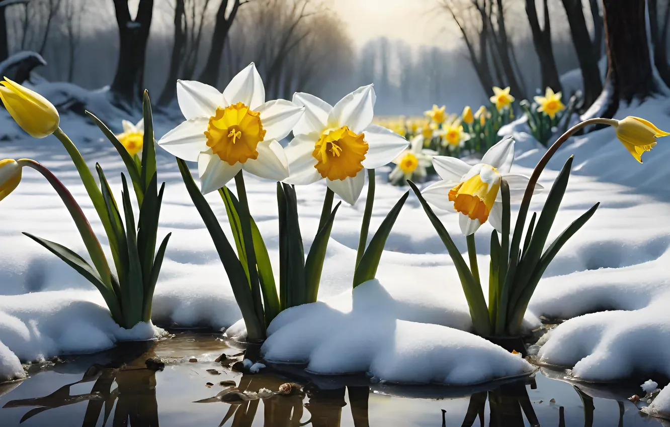 Photo wallpaper winter, snow, trees, time of the year, daffodils