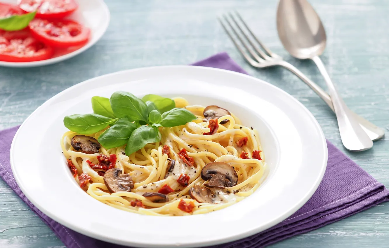 Photo wallpaper mushrooms, tomatoes, spaghetti, pasta, Basil