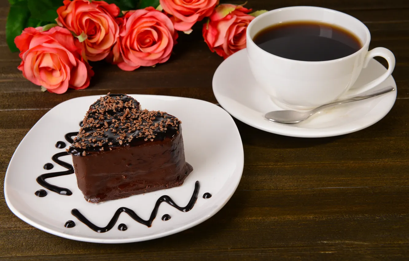 Photo wallpaper coffee, chocolate, roses, cake, cake, chocolate, coffee, roses