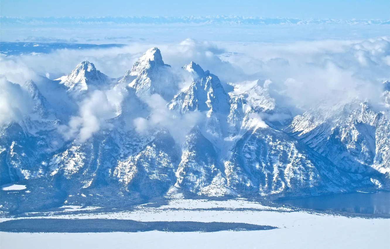 Photo wallpaper winter, forest, the sky, clouds, snow, trees, landscape, mountains