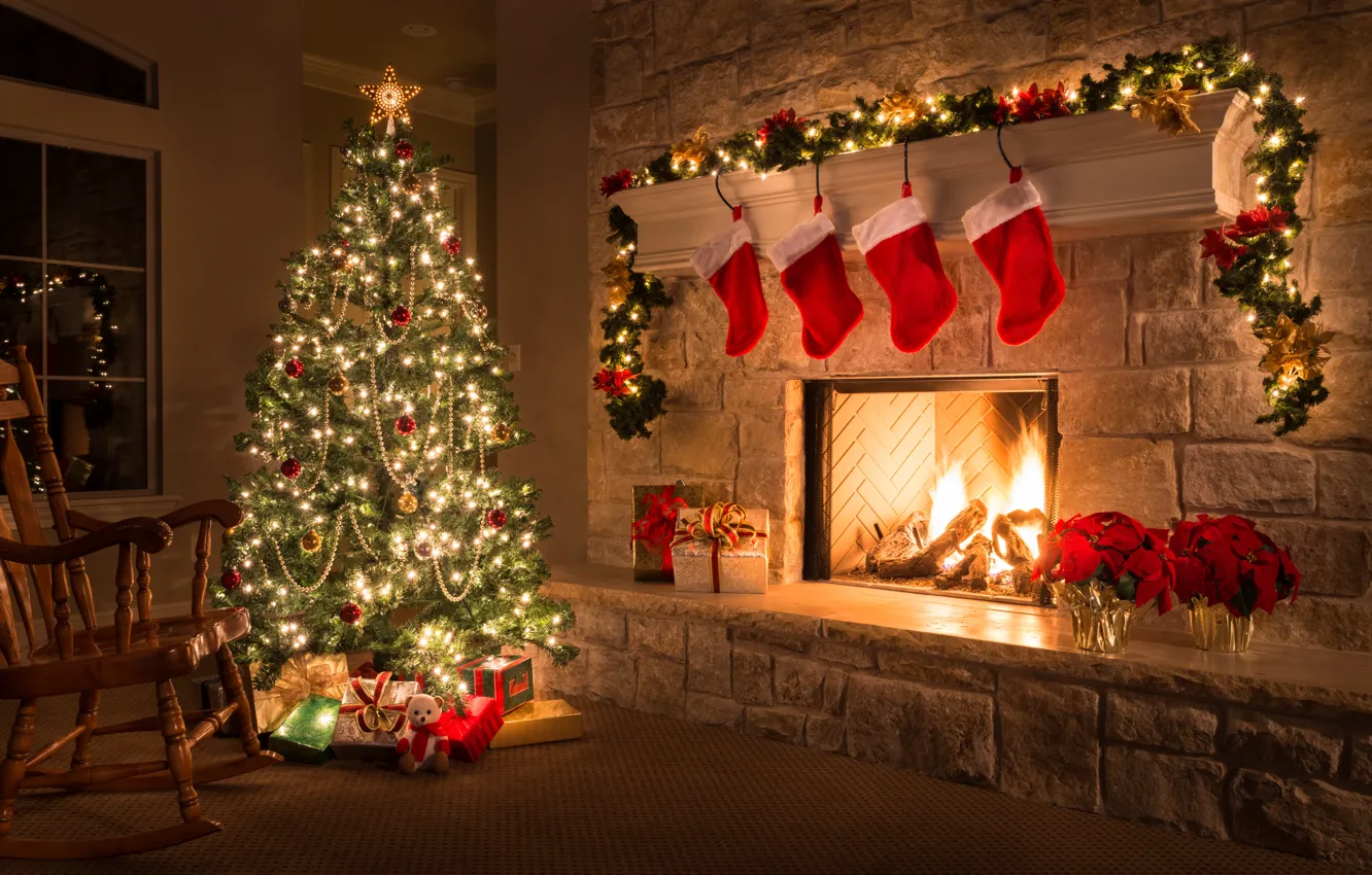 Photo wallpaper decoration, tree, Christmas, gifts, New year, fireplace