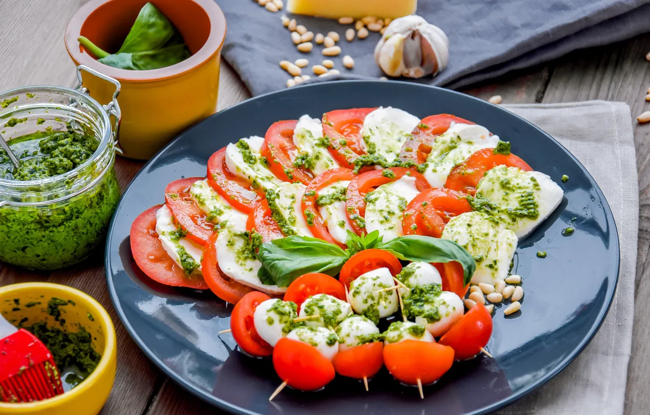 Photo wallpaper tomatoes, salad, Caprese, mozzarella, pesto