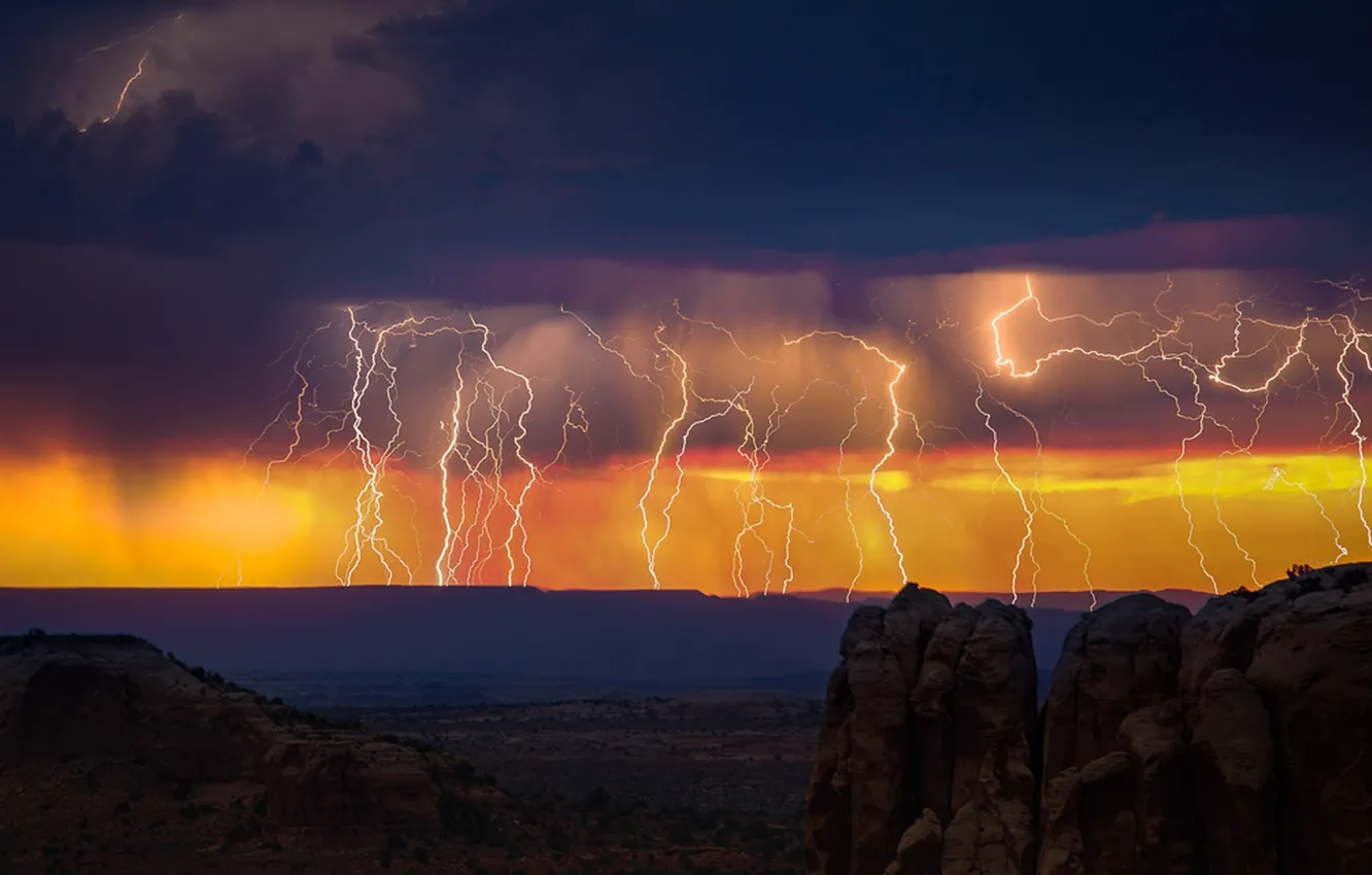 Photo wallpaper storm, twilight, sky, desert, landscape, nature, lightning, sunset