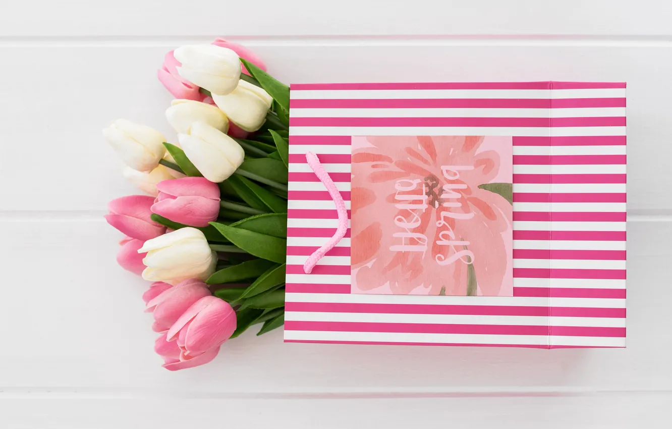 Photo wallpaper gift, bouquet, tulips, bag