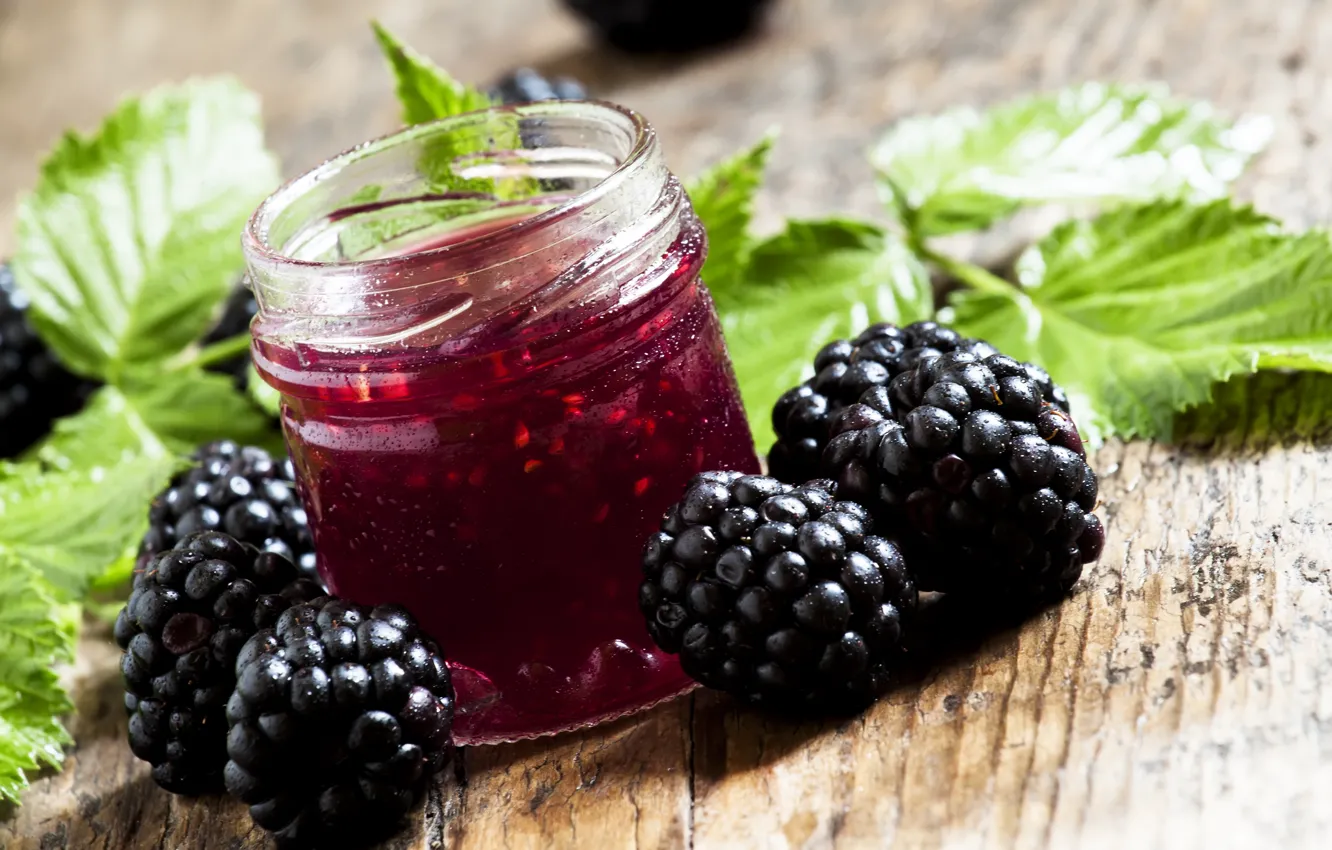Photo wallpaper berries, BlackBerry, Bank, wood, jam