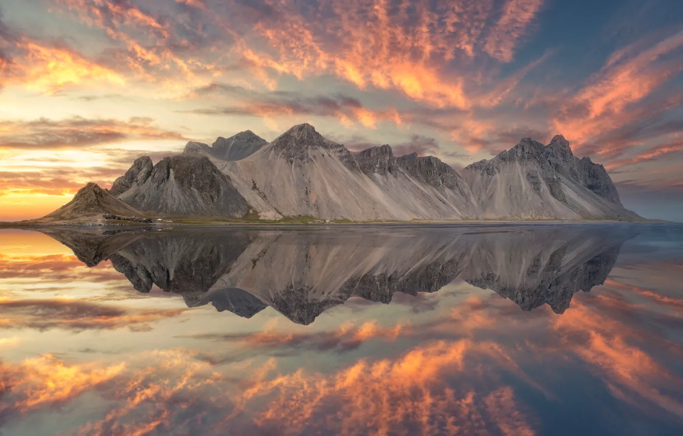 Photo wallpaper sky, sea, glow, clouds, island, beauty, reflection, Iceland