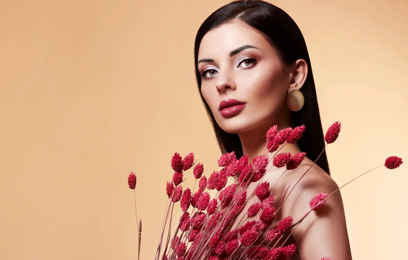 Photo wallpaper look, girl, flowers, face, portrait, bouquet, makeup, Elena Rossi