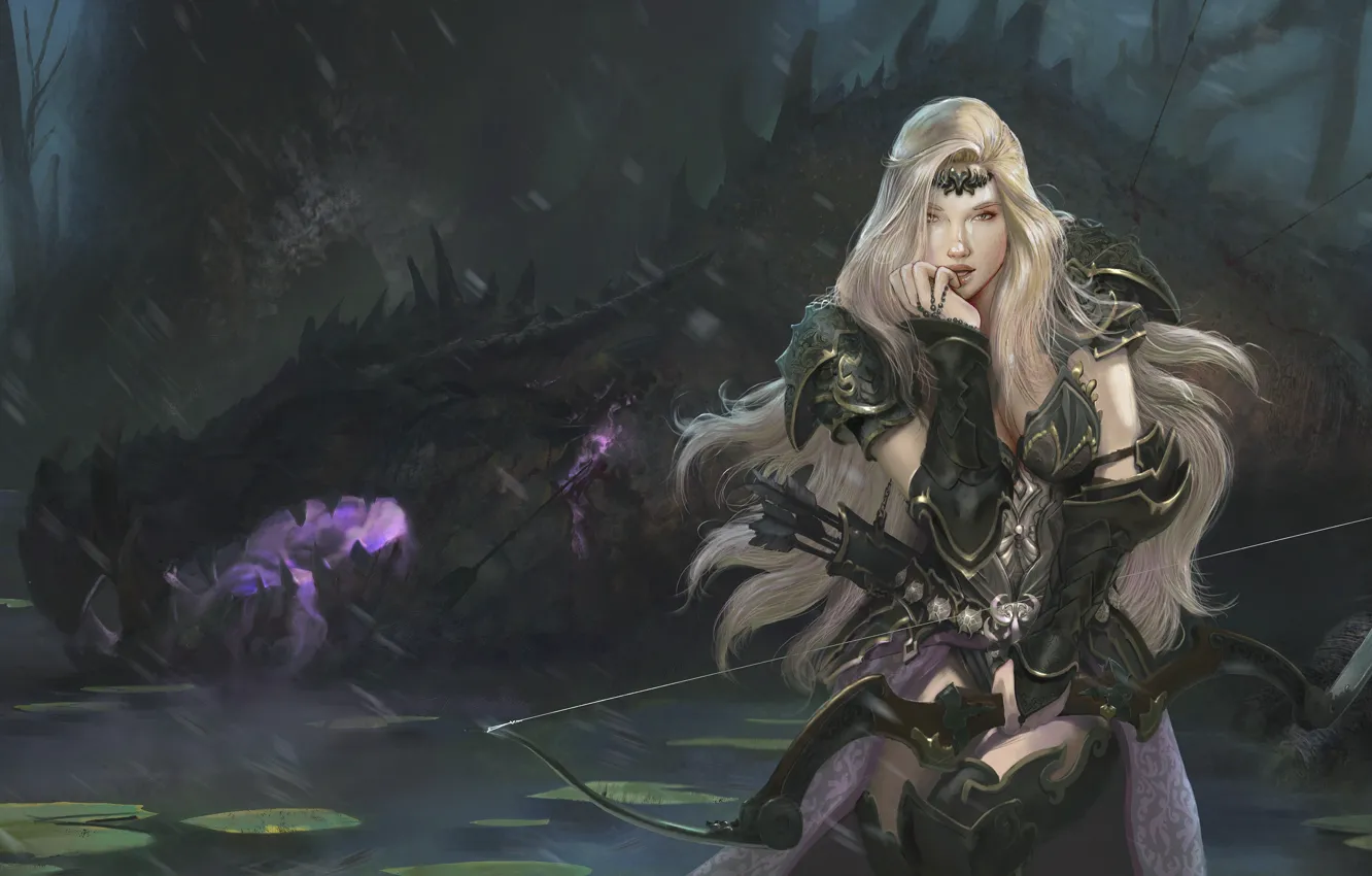 Photo wallpaper Girl, Dragon, Blonde, Bow, Fantasy, Art, Hunter, Fiction