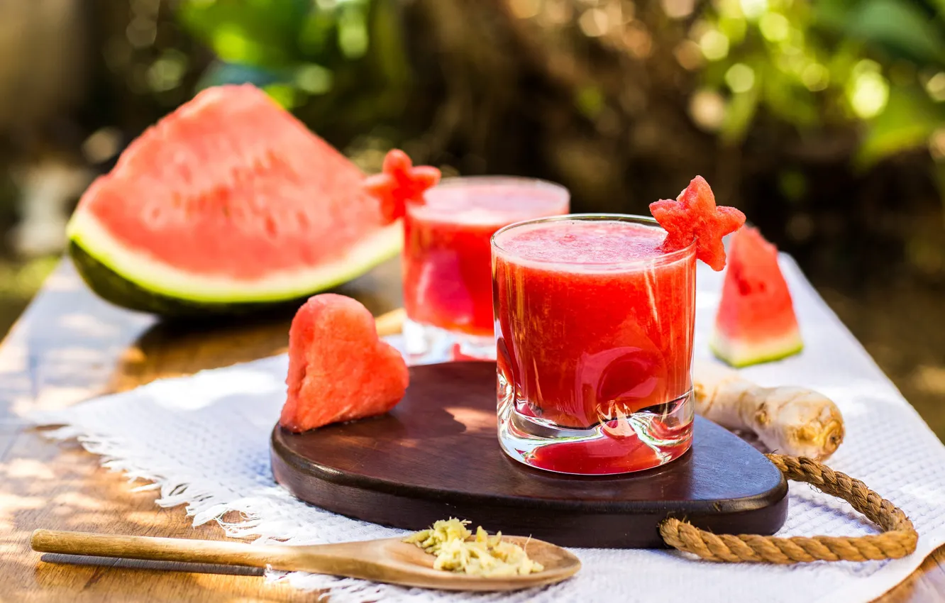 Photo wallpaper light, nature, table, watermelon, juice, spoon, hearts, stars